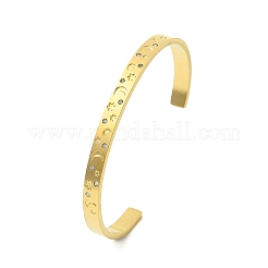 304ステンレススチール製カフバングル  キュービックジルコニア付き  18KGP本金メッキ  ムーン  内径：2x2-3/8インチ（5x6cm）&nbsp;BJEW-P348-02D-G