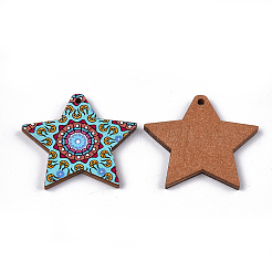 プリントバスウッドペンダント  バックランダムカラー  スター  空色  31x34.5x3mm  穴：1.5mm&nbsp;LS-WOOD-S045-056B