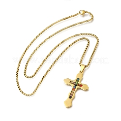 201 Stainless Steel Colorful Cubic Zirconia Cross Pendant Box Chain Necklaces&nbsp;NJEW-Q002-02G