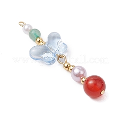天然カーネリアンとガラスのペンダント  蝶  金色の真鍮トーンループ付き  ライトブルー  47x14.5x8mm  穴：1.6mm&nbsp;PALLOY-JF03192-07