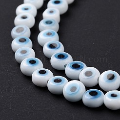 手作りランプワークビーズ  ナザールボンジュウ付きフラットラウンド  ホワイト  4.5x2.5mm  穴：0.6mm  約90~100個/連  15.35''~15.75''（39~40センチメートル）&nbsp;LAMP-P056-01B