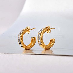 クリアキュービックジルコニアC字型スタッドピアス  430ステンレススチール製ハーフフープピアス（女性用）  ゴールドカラー  21x5mm&nbsp;JE939A