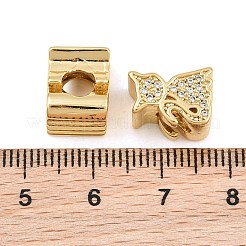 真鍮マイクロペーブクリアキュービックジルコニアビーズ  大穴ビーズ  猫の形  18KGP本金メッキ  12.5x9x9mm  穴：5mm&nbsp;CU-CBA765C-15G