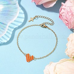 ガラスシードビーズハートリンクブレスレット  女性用真鍮アズキチェーンブレスレット  ゴールドカラー  オレンジ  7-1/4インチ（18.4cm）&nbsp;BJEW-MZ00093-05