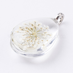 ガラス乾燥花ペンダント  真鍮パーツ  オーバル  プラチナ  古いレース  30x18x11mm  穴：3.5mm&nbsp;GLAA-K018-E