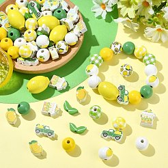 レモンをテーマにしたプリントの木製ビーズ  混合図形  9~24.5x12.5~24x4.5~19.5mm  穴：1.8~5mm  100個/セット&nbsp;WOOD-CJ0002-75