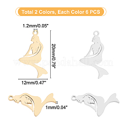 12個2色イオンプレーティング（IP）201ステンレススチールペンダント  切る  人魚  ゴールデン·ステンレス鋼色  20x12x1mm  穴：1.2mm  6個/カラー&nbsp;STAS-UN0029-77