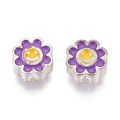 スターリングシルバーエナメルビーズ925個  笑顔の花  銀色のメッキ  暗い蘭  6x6x3mm  穴：1.2~1.4mm&nbsp;STER-T008-36B