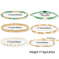 6Pcs 6 Styles Adjustable White Round Imitation Pearl & Glass & Brass Beaded Stretch Bracelet Sets&nbsp;HI6253-1