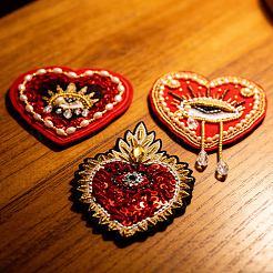 3個 3スタイル ハートと目 ポリエステル 縫い付けパッチ  アップリケ刺繍  ガラスビーズ  レッド  87~115x76~87x5.5~8mm  1個/スタイル&nbsp;DIY-GF0013-24