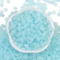 透明な色のガラスシードビーズ  ドーナツ  淡いターコイズ  6.5x3mm  穴：1.8mm  約30個/10g&nbsp;X1-SEED-P008-01B-01