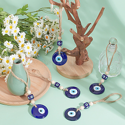 5Pcs Handmade Evil Eye Lampwork & Wood Hanging Ornaments&nbsp;HJEW-ME00121