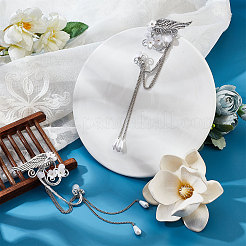 Aluminum Wing and Flower Cuff Earrings with Plastic Pearl Tassel&nbsp;EJEW-WH0011-07P