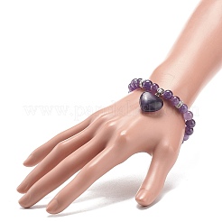 Natural Amethyst Round Beaded Stretch Bracelet with Heart Charm&nbsp;BJEW-JB09019-02