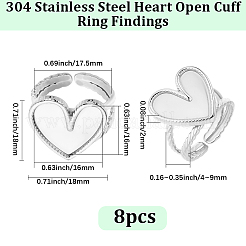 304ステンレススチール製オープンカフリング金具8個  リング設定  ハート  ステンレス鋼色  ハートトレイ：16x16mm  usサイズ7 1/4(17.5mm)&nbsp;STAS-BBC0010-11B