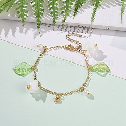 アクリル リーフ & フラワー & プラスチック パール チャーム ブレスレット  女性用ゴールデン 304 ステンレススチール ジュエリー  ゴールドカラー  6-7/8インチ（17.6cm）&nbsp;BJEW-JB09077