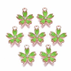 ローズゴールドトーン合金ラインストーンエナメルチャーム  花のチャーム  芝生の緑  18x16x4mm  穴：2mm&nbsp;ENAM-J476-01RG