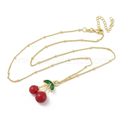Brass Resin Fruit Cherry Pendant Satellite Chain Necklaces with Green Cubic Zirconia Leaf for Women&nbsp;NJEW-D306-03G