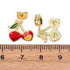 真鍮製マイクロパヴェキュービックジルコニアスタッドピアス  エナメル  18KGP本金メッキ  チェリー  13x14mm&nbsp;EJEW-D328-01G-01