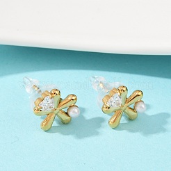 304ステンレススチールキュービックジルコニアスタッドピアス  プラスチック模造パールと  18KGP本金メッキ  花  12x11.5mm&nbsp;EJEW-Z110-03G-04