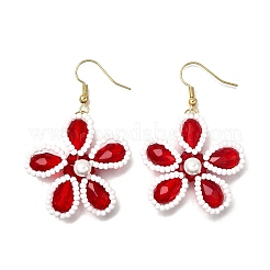 ガラスの花のダングルのイヤリング  真鍮のピアスフックと貝パール付き  ゴールドカラー  ミックスカラー  54~55x34~34.5mm  3のペア/セット&nbsp;EJEW-TA00715