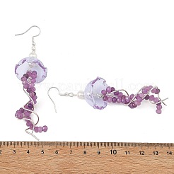 染色された天然マレーシア産翡翠のクラゲ型ドロップピアス（女性用）  304ステンレススチール製のフック、シェルパール、ガラスビーズを使用  パープル  90x23mm&nbsp;EJEW-JE07484-03
