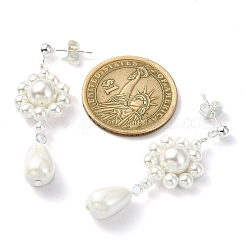 シェル パール ビーズ ダングル スタッド ピアス  花  48x16mm&nbsp;EJEW-TA00339