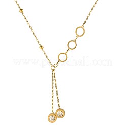 304ステンレススチールパヴェクリアキュービックジルコニアフラットラウンドタッセルペンダントネックレス（女性用）  ゴールドカラー  15.75インチ（40cm）&nbsp;FS-WGE6DE6-01