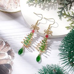 蝶結びのクリスマスツリーと真鍮ワイヤーガラスのダングルイヤリング  304ステンレススチールピアスフック付き  銀  ライムグリーン  69x15mm&nbsp;EJEW-JE06125