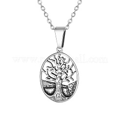 Vintage 304 Stainless Steel Hollow Oval with Tree of Life Pendant Necklaces&nbsp;WG4D9D4-01