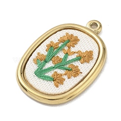 304ステンレススチールと布製のペンダント  楕円形の刺繍入り花柄チャーム  ゴールドカラー  砂茶色  27.5x18x2.5mm  穴：1.5mm&nbsp;STAS-I369-10G-04