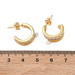 C字型304ステンレススチール製クリアキュービックジルコニアスタッドピアス  プラスチック模造パールと  ゴールドカラー  15.5x8mm&nbsp;EJEW-K330-01G
