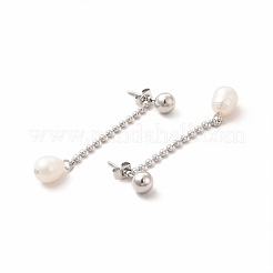 304ステンレススチールボールチェーンスタッドピアス  女性用パールダンジェルイヤリング  ステンレス鋼色  50mm  ピン：0.6mm&nbsp;EJEW-C017-01P