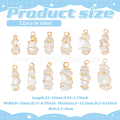 12 個の天然水晶銅線ラップペンダント  水晶  ナゲットチャーム  ゴールドカラー  24~44x8~15x5~15.5mm  穴：2.5~4mm&nbsp;PALLOY-FG0001-02A