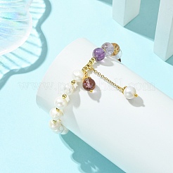 Round Natural Lodolite Quartz & Cultured Freshwater Pearl Beaded Charm Bracelets&nbsp;BJEW-JB14061-03