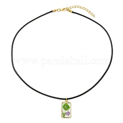 Transparent Resin Rectangle with Dried Flower Inner Pendant Black Waxed Cord Necklaces&nbsp;NJEW-JN06333