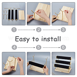 3段Tバーベルベットメタルブレスレットディスプレイスタンド  木製のベース付き  ゴールドカラー  ブラック  29x16x24cm&nbsp;AJEW-WH0816-129G-B