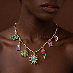 Summer Alloy Enamel Sun Ice Cream Watermelon Multi-Pendant Necklaces for Women&nbsp;WG37E46-01
