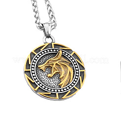 304 Stainless Steel Viking Wolf Round Medal Pendant Necklaces for Men&nbsp;WG44E1C-01