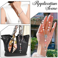 2Pcs Alloy Virgin Cross & Synthetic Coral Rose Flower Rosary Hanging Ornaments for Car Decor&nbsp;HJEW-SC0003-43