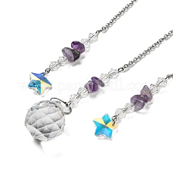 ラフ原石の天然アメジストペンダント吊り下げ装飾品  ティアドロップ＆スターガラスサンキャッチャー アイアンチェーン付き  窓の家の庭の装飾用  400mm&nbsp;G-PW0007-084H