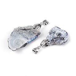 電気メッキされた天然瑪瑙の大きなペンダント  ナゲットチャーム  201ステンレススチールスナップオンベイル付き  ステンレス鋼色  35~53x17~36x5~16mm  穴：6.5x4mm&nbsp;G-N360-09P-01