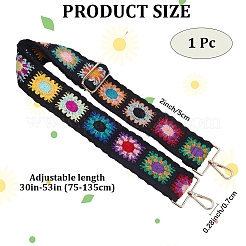 エスニックスタイルの布刺繍、カラフルな花のウェビングバッグストラップ  黄金トーン合金パーツ  ブラック  790x52x16mm&nbsp;DIY-WH20053-22C