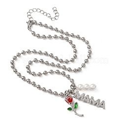 母の日 真鍮製マイクロパヴェ クリアキュービックジルコニア エナメル 赤いバラの花 ママペンダントネックレス（女性用）  フェイクパールビーズ付き  カドミウムフリー＆鉛フリー  長持ちメッキ  ラックめっき  プラチナ  17.24インチ（43.8cm）&nbsp;NJEW-A071-02P