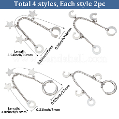 8個 4スタイル ステンレススチール カフ イヤリング  チェーンチャーム  月＆星  ステンレス鋼色  88~97mm  2個/スタイル&nbsp;EJEW-BM0001-01