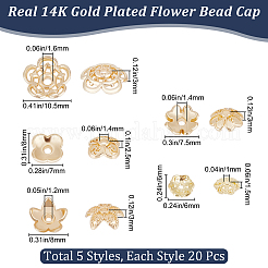 100個5スタイルの真鍮と合金のビーズキャップ  長持ちメッキ  花  14KGP本金メッキ  6~10.5x1.5~3mm  穴：1~1.6mm  20個/スタイル&nbsp;FIND-BBC0004-43