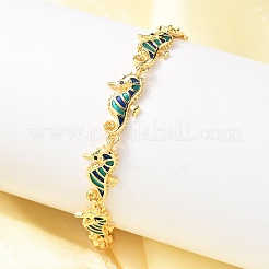 真鍮エナメルターコイズタツノオトシゴリンクチェーンブレスレット  18KGP本金メッキ  7-3/4インチ（19.8cm）&nbsp;LS-BJEW-C118-03G