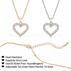 2Pcs 2 Colors Rhinestone Hollow Heart Pendant Necklace with Brass Chains for Women&nbsp;NJEW-AN0001-70
