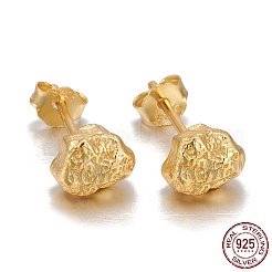 925スターリングシルバースタンドピアス  耳ナッツ  テクスチャ  ナゲット  ゴールドカラー  6.5x5.5x5mm  ピン：0.8mm&nbsp;EJEW-F265-02G