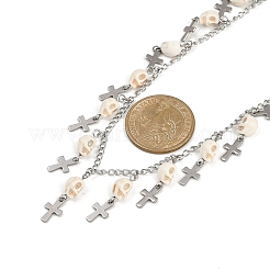 Halloween 304 Stainless Steel Curb Chain Dyed Synthetic Turquoise Skull Cross Tassel Necklaces Sets&nbsp;NJEW-JN05370